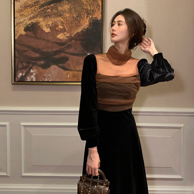 2023春季新款韩版复古围脖方领网纱丝绒连衣裙打底裙女