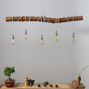 复古实木餐厅吊灯民宿茶室吧台侘寂风树枝一字长条灯创意餐桌灯具