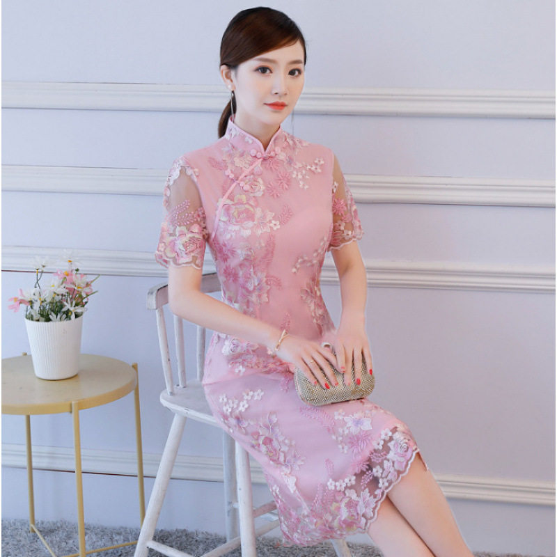 2026春季旗袍少女蕾丝改良旗袍双层绣花立领小清新短袖旗袍连衣裙