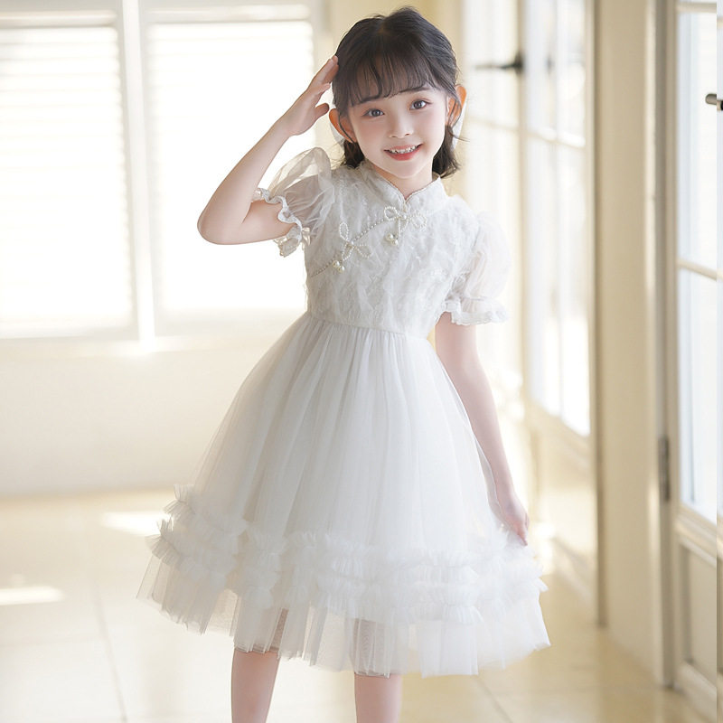 夏季白色儿童中式旗袍演出服