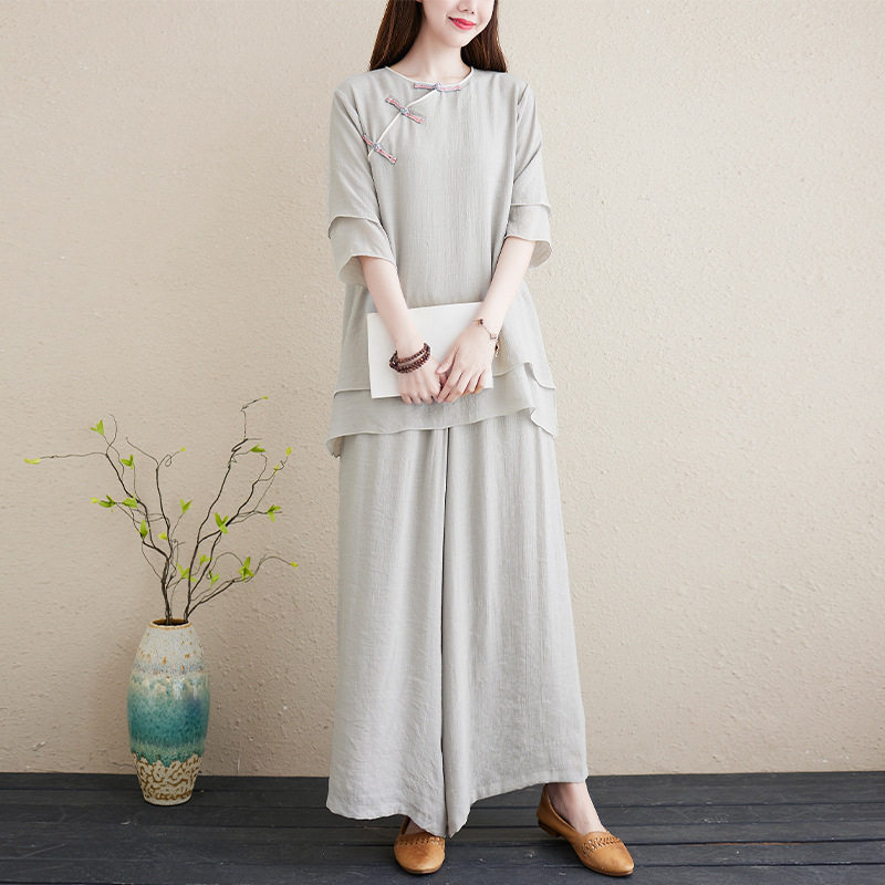 夏季棉麻瑜伽服禅修服装女茶服两件套套装新款大码宽松禅意居士服