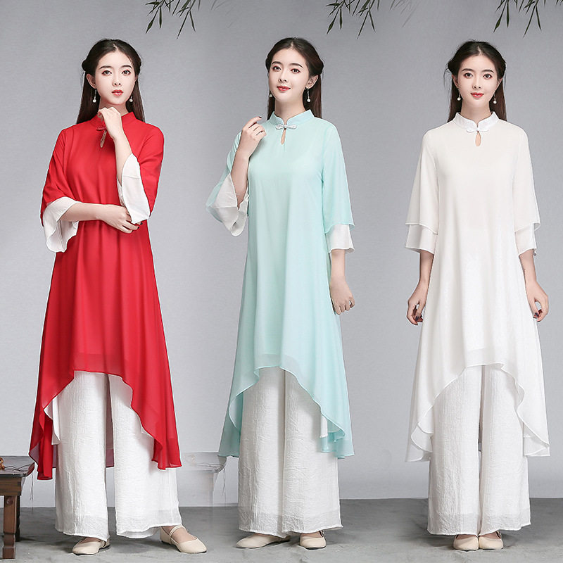 中国风禅意女装雪纺连衣裙茶服禅修居士服禅舞服复古风汉服两件套