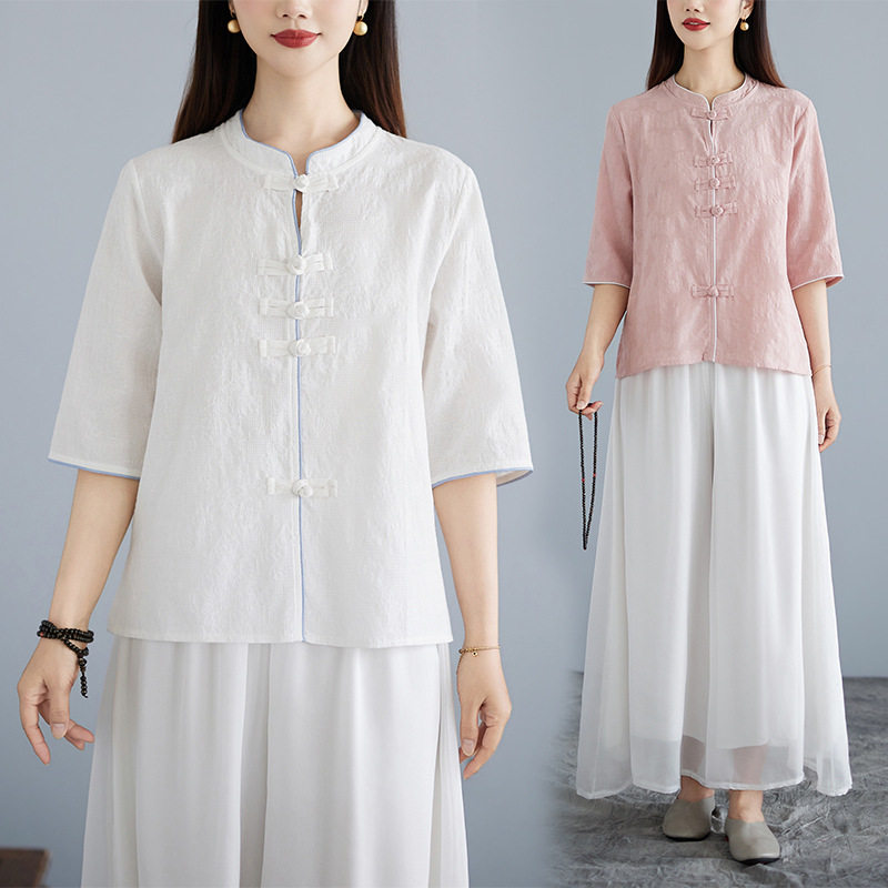 新款棉麻茶服套装女2026夏季新款短袖亚麻上衣阔腿裤瑜伽服两件套