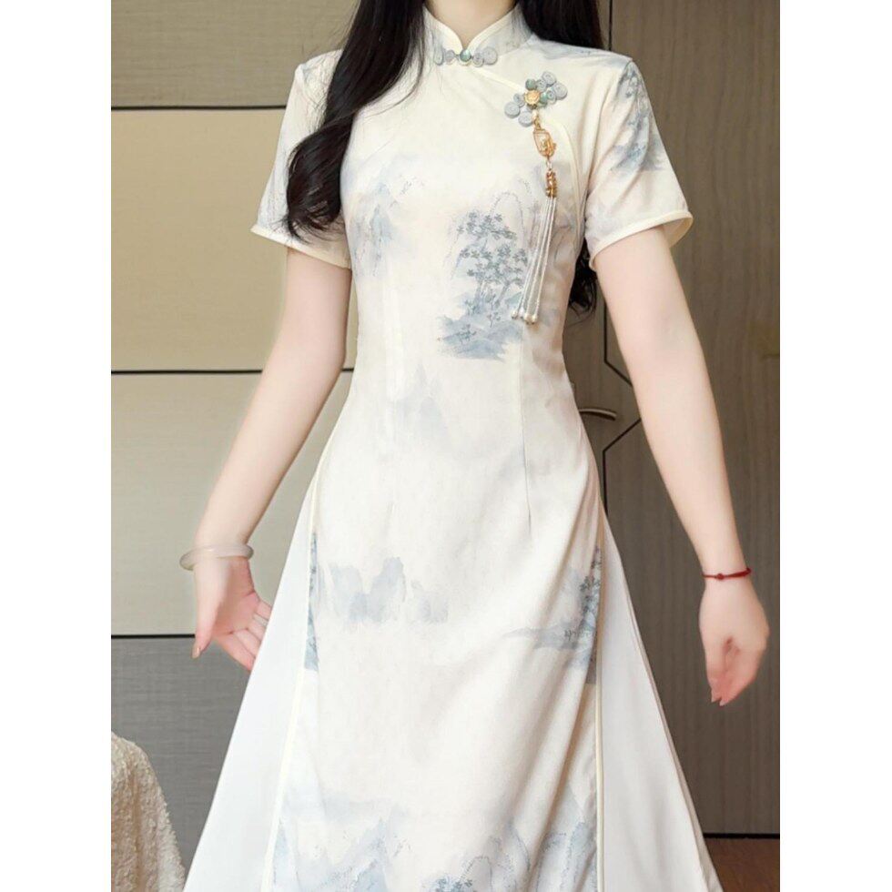 抹茶春新奥黛改良旗袍淑女