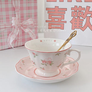 轻奢下午茶杯子伴手礼物 陶瓷杯清仓 包邮 玫瑰碎花咖啡杯碟套装 英式
