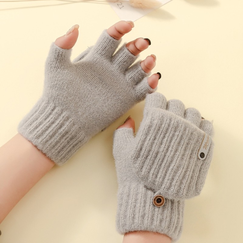 毛绒翻盖手套女生露半指学生大童写字保暖加厚秋冬季针织防寒骑行