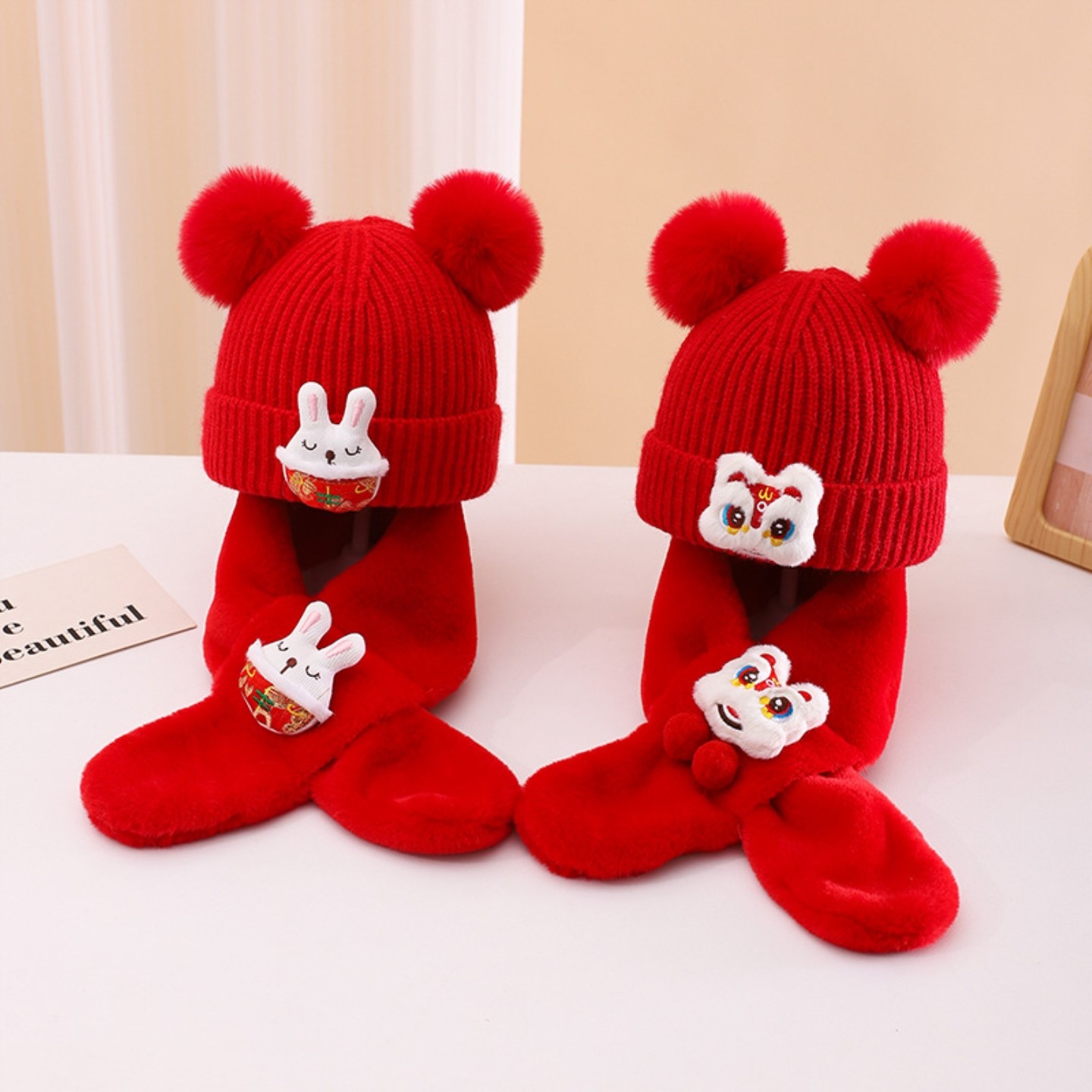 冬季婴儿帽子秋冬红色新年针织帽幼儿毛线男女宝宝过年周岁套头帽