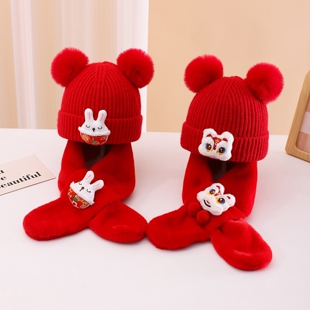 冬季婴儿帽子秋冬红色新年针织帽幼儿毛线男女宝宝过年周岁套头帽