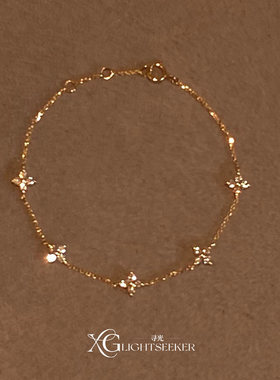 S925纯银闪钻金色四瓣花手链女