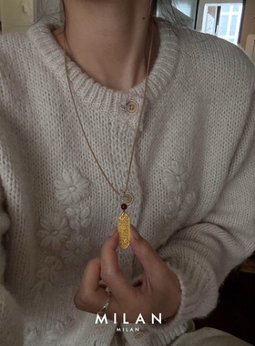 上上签金色吊牌棕色编绳项链女