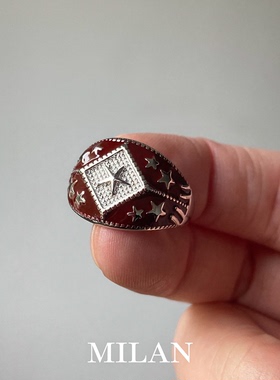 S925纯银安可拉红色滴釉星星戒指