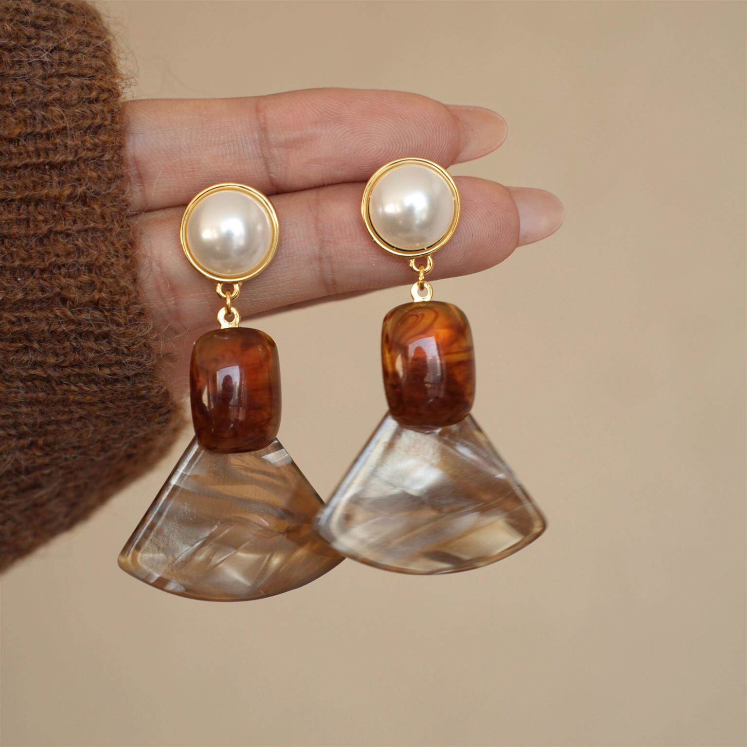 琥珀朗姆酒~S925纯银法式几何焦糖玳瑁施家珍珠耳环女士复古耳饰