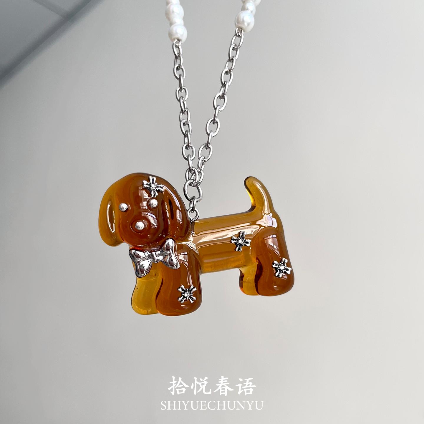 S925纯银可爱棕色蝴蝶结小狗项链女轻奢高级感锁骨链小众设计配饰