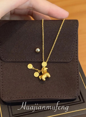 S925纯银金色小马古钱币吊坠项链