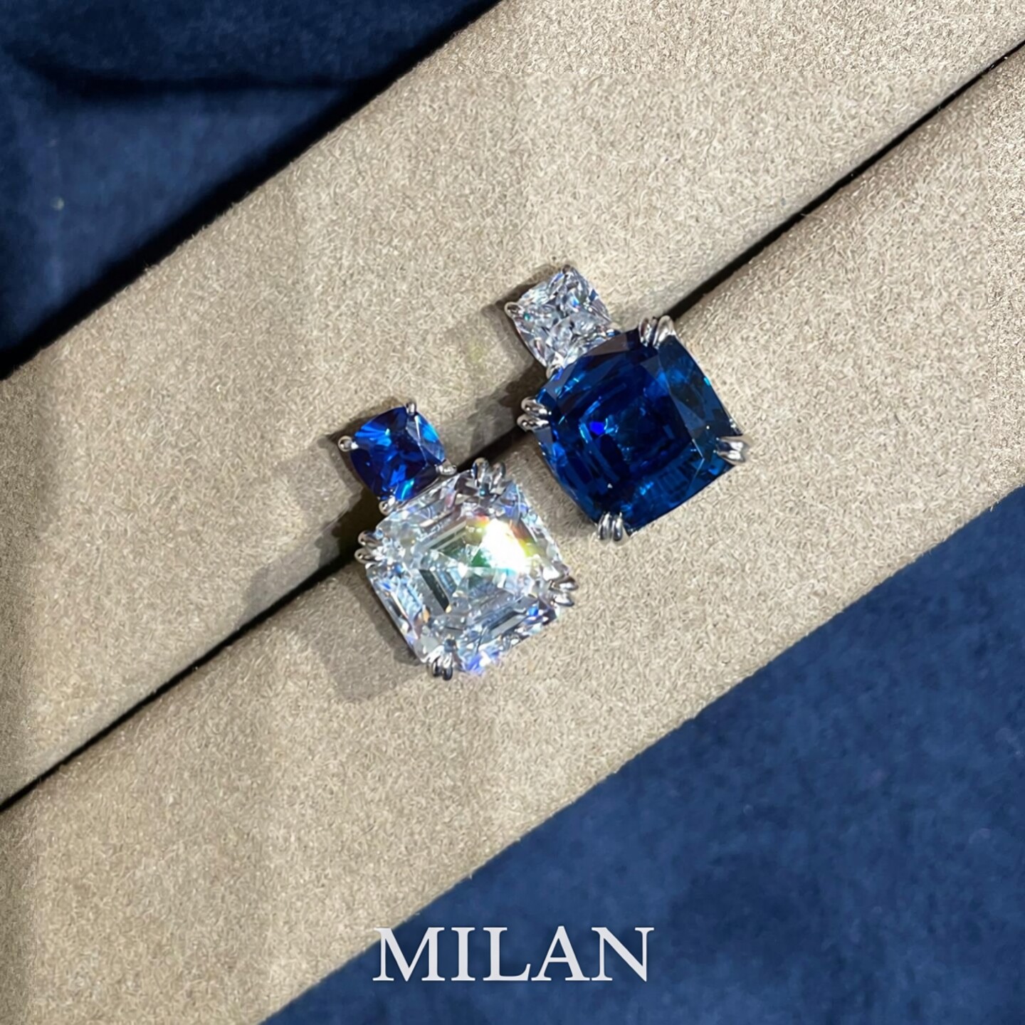 海蓝之心~S925纯银不对称方钻蓝宝石耳钉女轻奢高级感清冷感耳饰