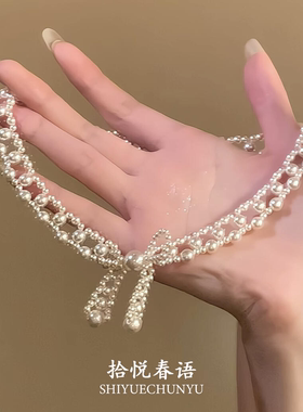 法式复古双层蝴蝶结珍珠项链女