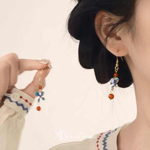 S925纯银蓝色蝴蝶圆珠吊坠耳环女