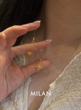 复古金色四叶花小蝴蝶闪钻项链女
