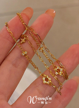 S925纯银金色镂空花朵手链女