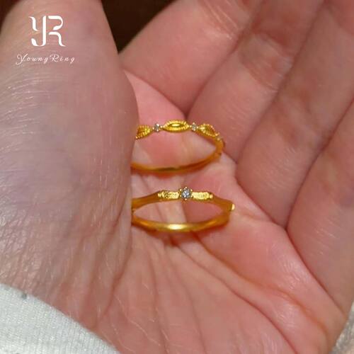 S925纯银金色闪钻波浪戒指女