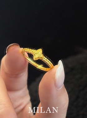 古法拉丝金色四芒星麦穗编织戒指
