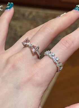 S925纯银闪钻粉色蝴蝶结戒指女