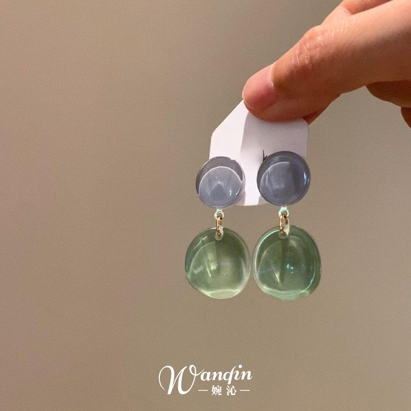 S925纯银冰透撞色圆片耳钉女2026新款轻奢高级感耳环独特漂亮耳饰