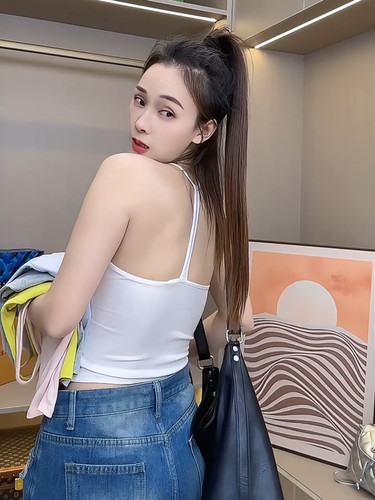 法式U领美背挂脖蕾丝吊带背心