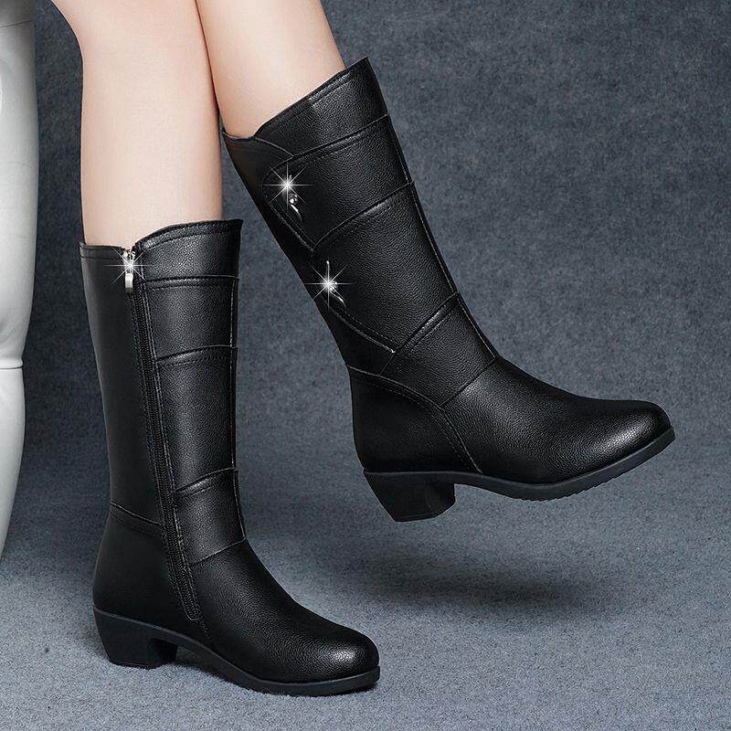 真软皮加绒中筒靴女皮靴粗跟中年中跟妈妈棉鞋大码女靴子秋冬新款