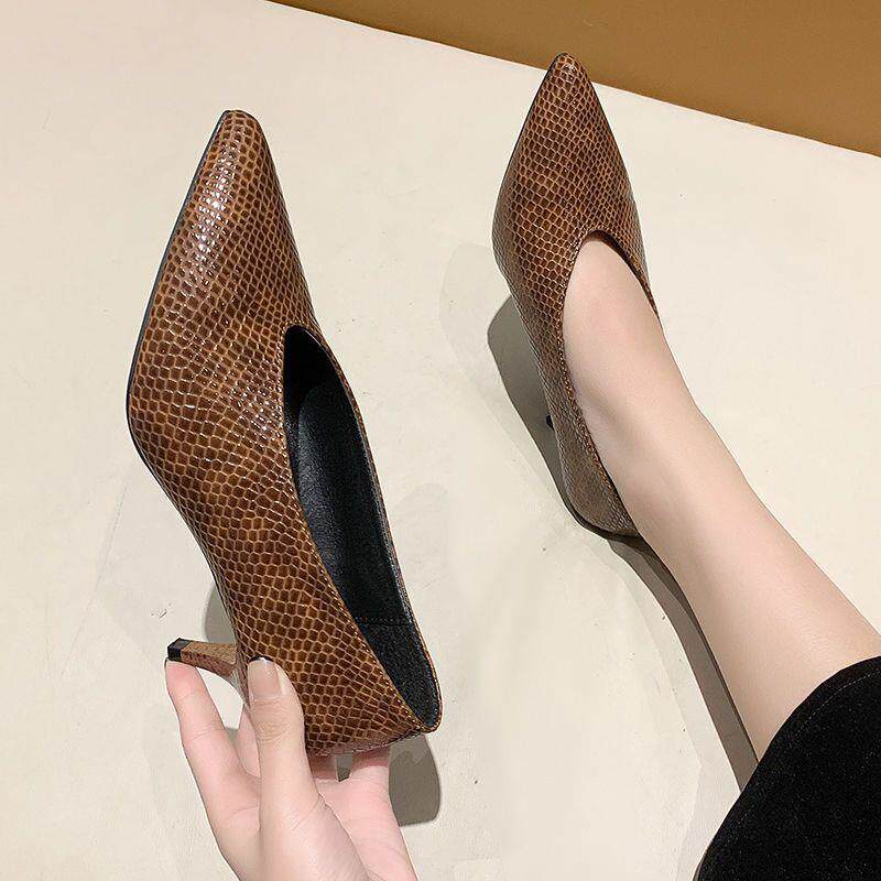 2026夏秋欧美新款黑色尖头浅口网红纯色格纹法式ol皮鞋高跟鞋粗跟