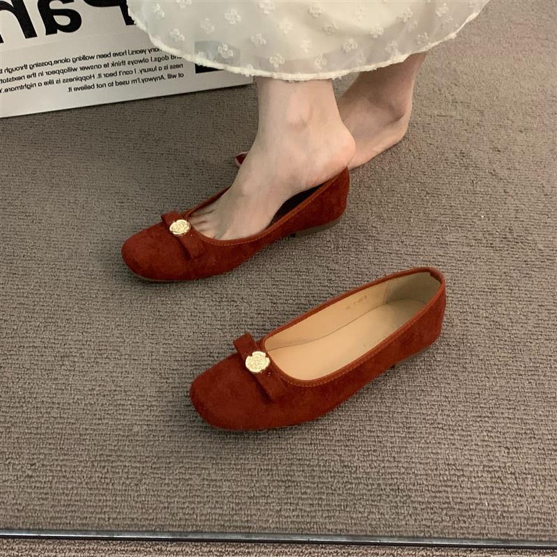 小香风法式绒面女士红色单鞋女鞋子温柔仙女晚风气质蝴蝶结豆豆鞋