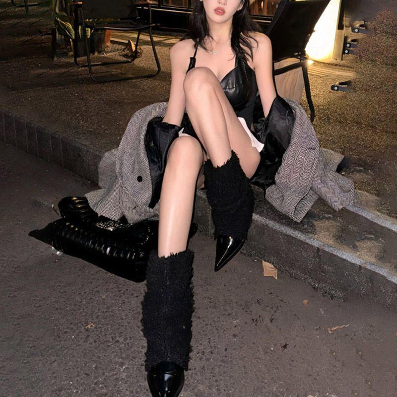 小众设计!羊羔毛毛保暖时装细跟短靴女秋冬外穿尖头低跟短筒靴子