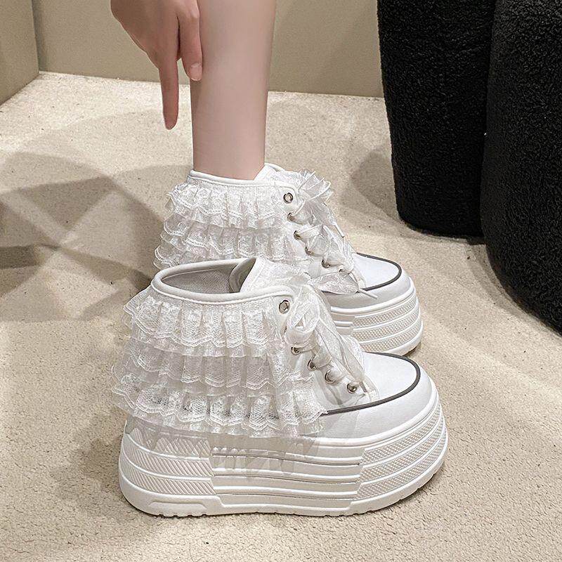韩版时尚蕾丝花边高帮小白鞋女ins潮8cm这个厚底松糕休闲运动板鞋