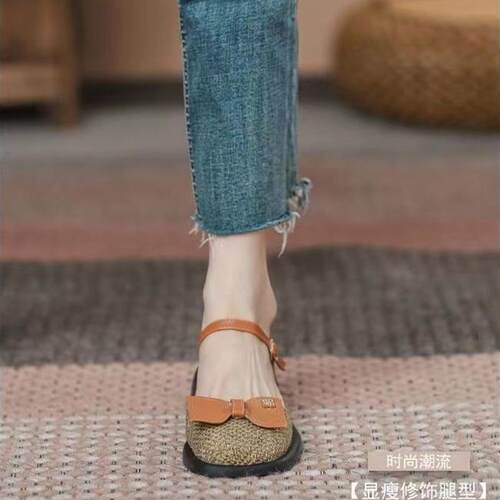 包头凉鞋女2026夏季新款平底编织百搭蝴蝶结复古透气仙女风凉鞋女