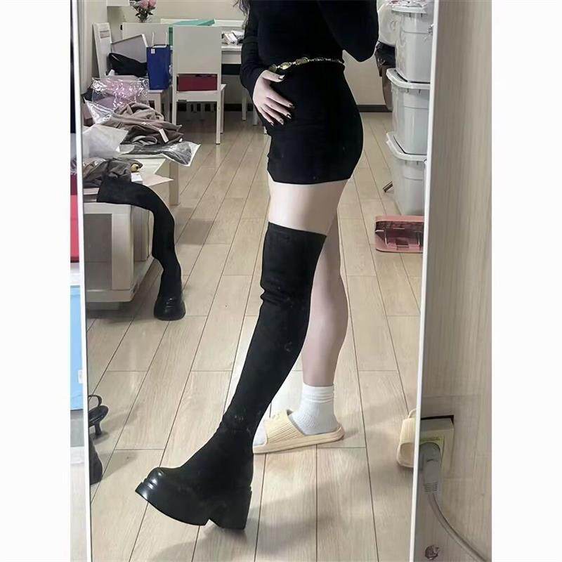 弹力靴女新款显瘦过膝靴冬季厚底欧美风长筒靴高筒瘦瘦靴骑士长靴
