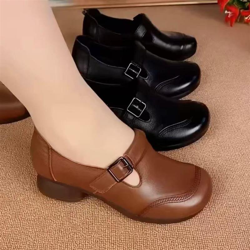 女鞋真皮软皮复古休闲防滑春秋女中新款耐磨皮鞋软底舒适妈妈鞋款