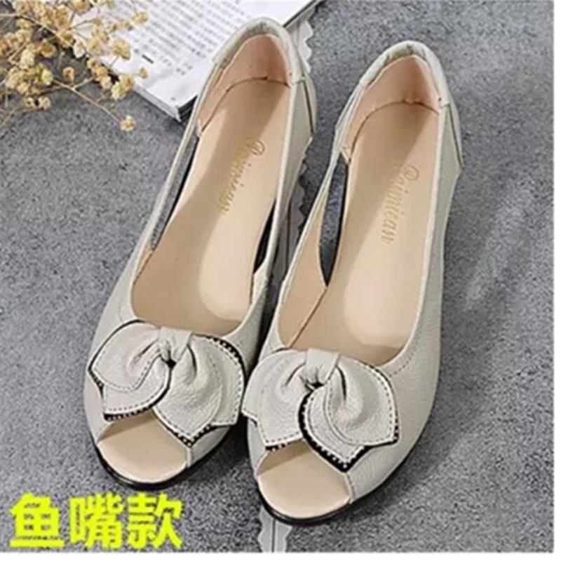 中老年真皮女鞋夏款坡跟鱼嘴鞋平底妈妈鞋软底大码中年 妈妈凉鞋