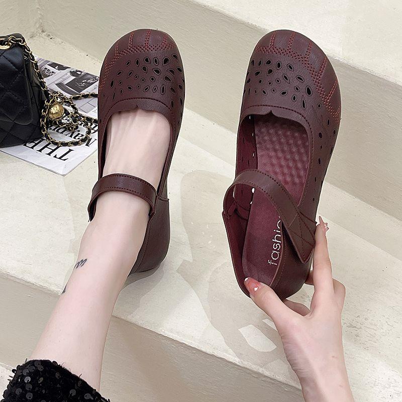 妈妈鞋夏季镂空洞洞皮鞋女平底春夏款牛筋底真皮大码鞋软底单鞋圆