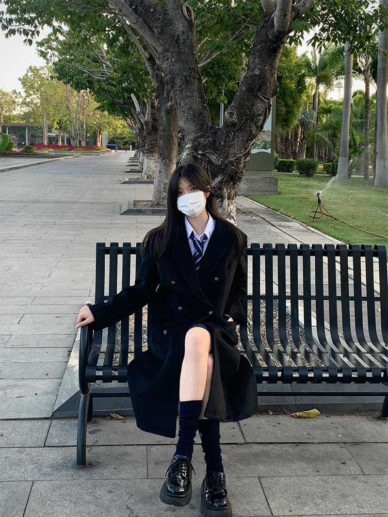 鱼丸与面双排扣学院风黑色羊毛呢子外套中长款正肩JK制服大衣