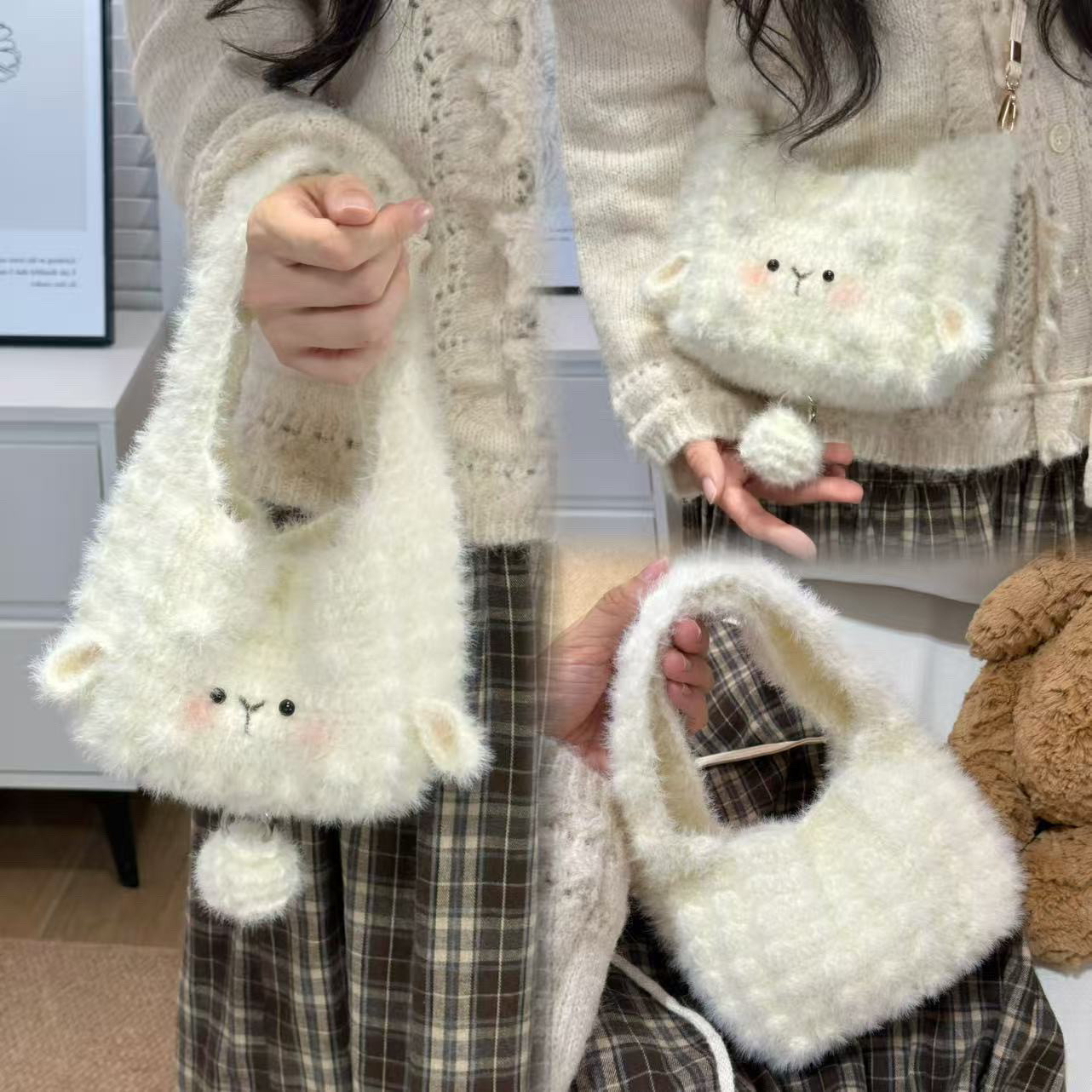 溺水小苑原创设计双面泡芙小羊包暖绒绒手工钩针编织diy材料包