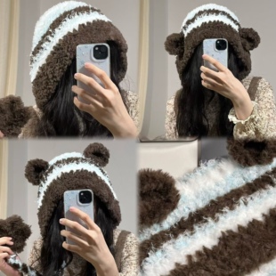 热心煎饺钩针编织三用可拆卸小熊 护耳帽手工diy材料包 小羊