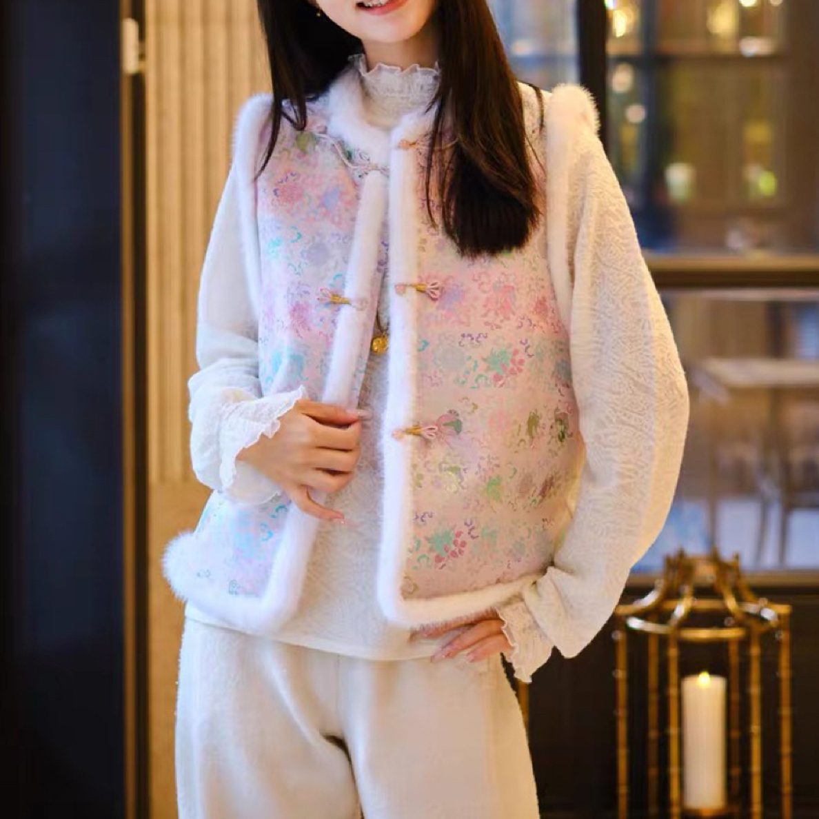 古钱三多DY3304樱美嘉100桑蚕丝宋锦水貂毛上久楷马甲 桑蚕丝内胆