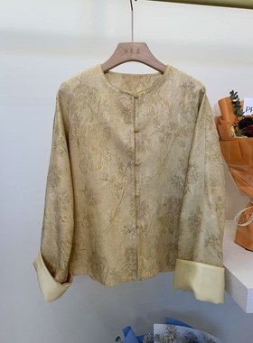 《DY2147黄色》樱美嘉桑蚕丝羊毛提花外套新中式盘扣复古国风