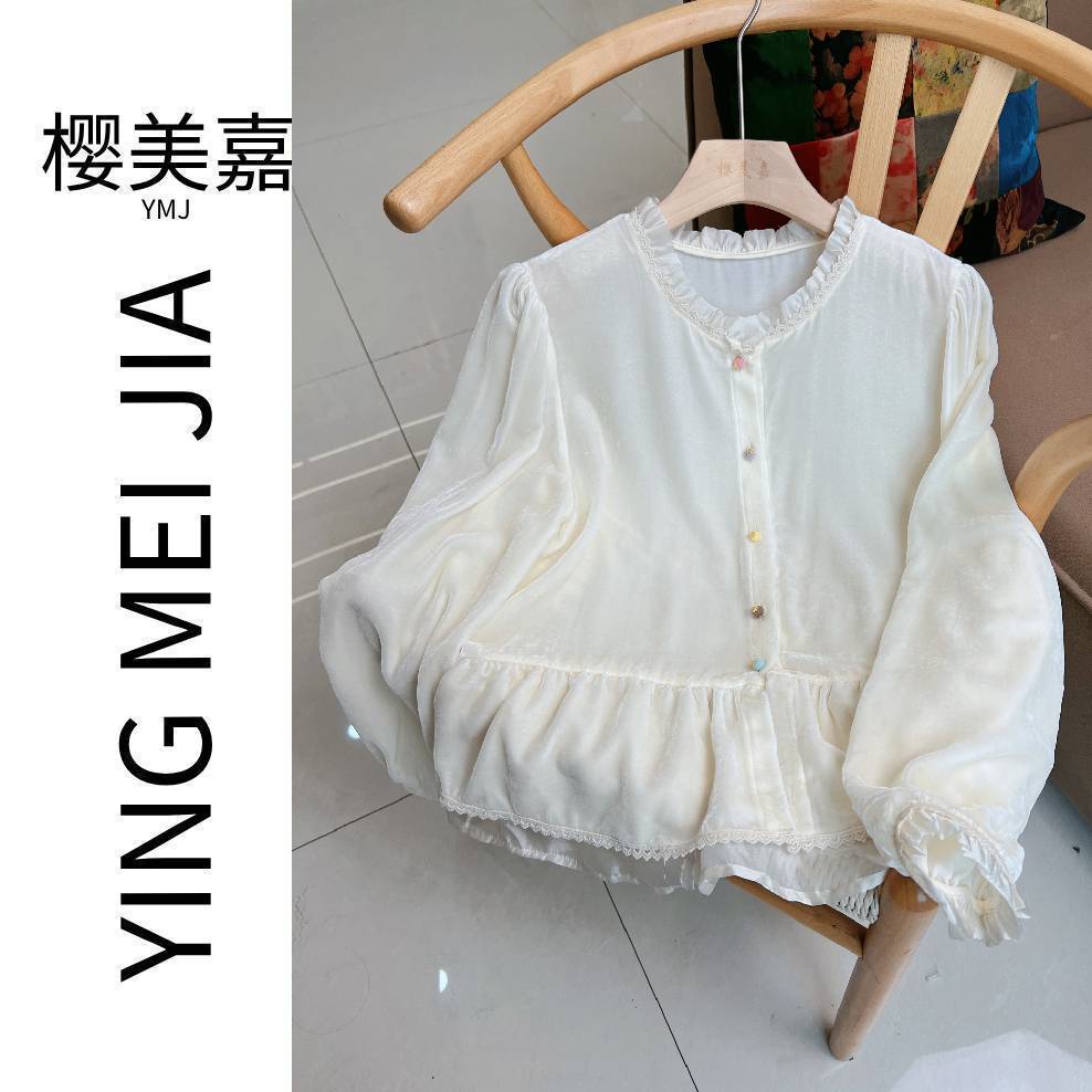 DY3021樱美嘉秋季新款100桑蚕丝真丝丝绒娃衫拼接欧根纱衬衫香风