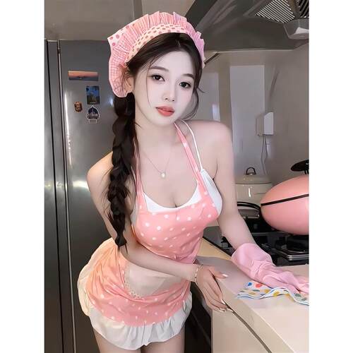 性感纯欲扮演小厨娘制服套装春季辣妹复古挂脖波点吊带围裙打底裤