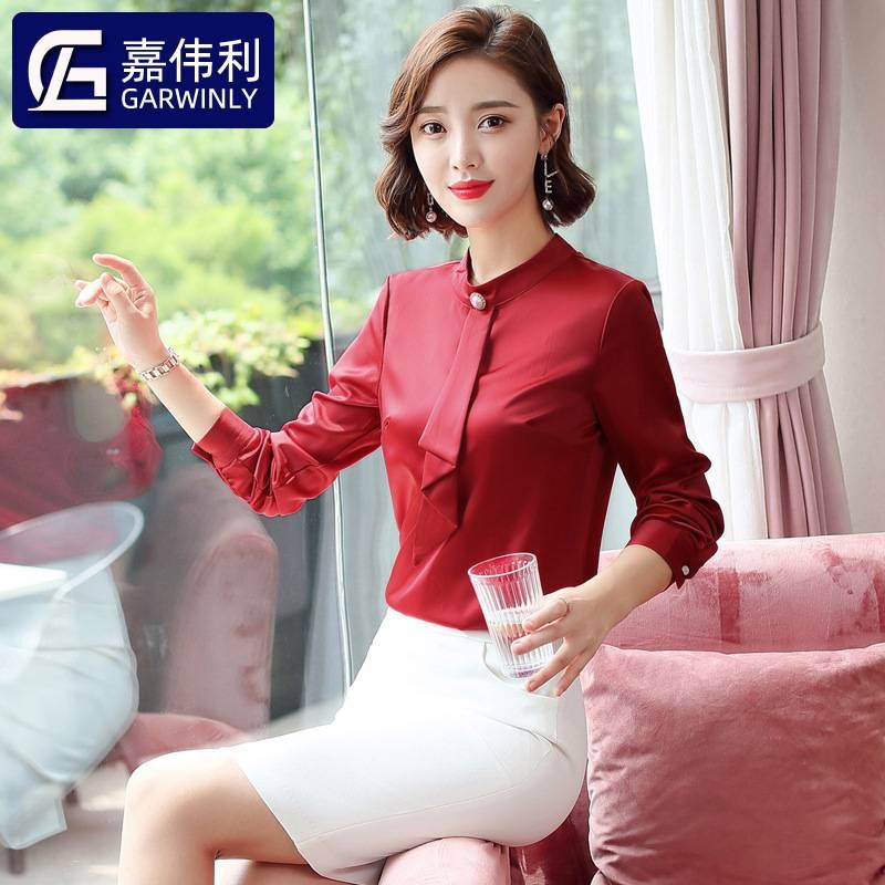 2019春秋新款长袖红色衬衫女职业装工作服韩版立领白色长袖衬衣女
