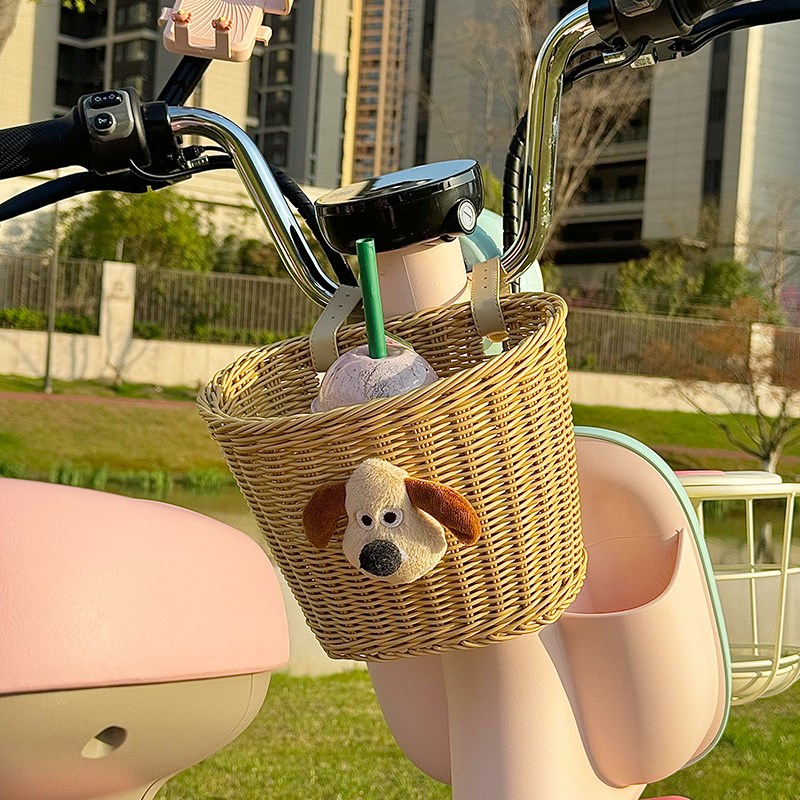 掌门狗电动车车筐前置藤编收纳篮电车自行车通用多功能置物神器