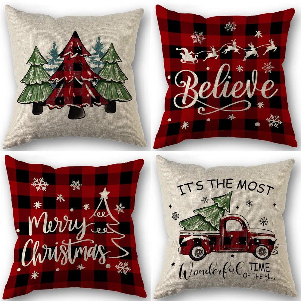 Merry Christmas Cushion Cover, Xmas Tree Cartoon Throw Pillo