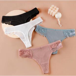 Women's Cotton and Lace Thongs Underwear Ladies Sexy T-Back