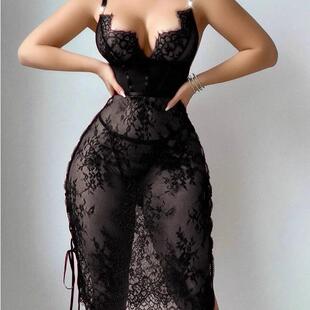 Sexy lingerie lace hollow red sexy lingerie dress nightgown